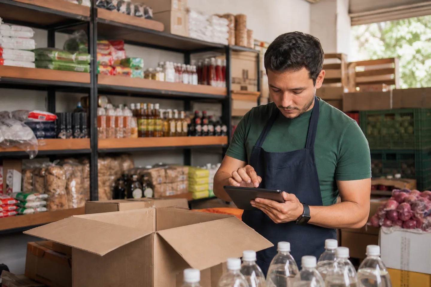 Trabajador revisando productos organizados en una tienda o bodega.
