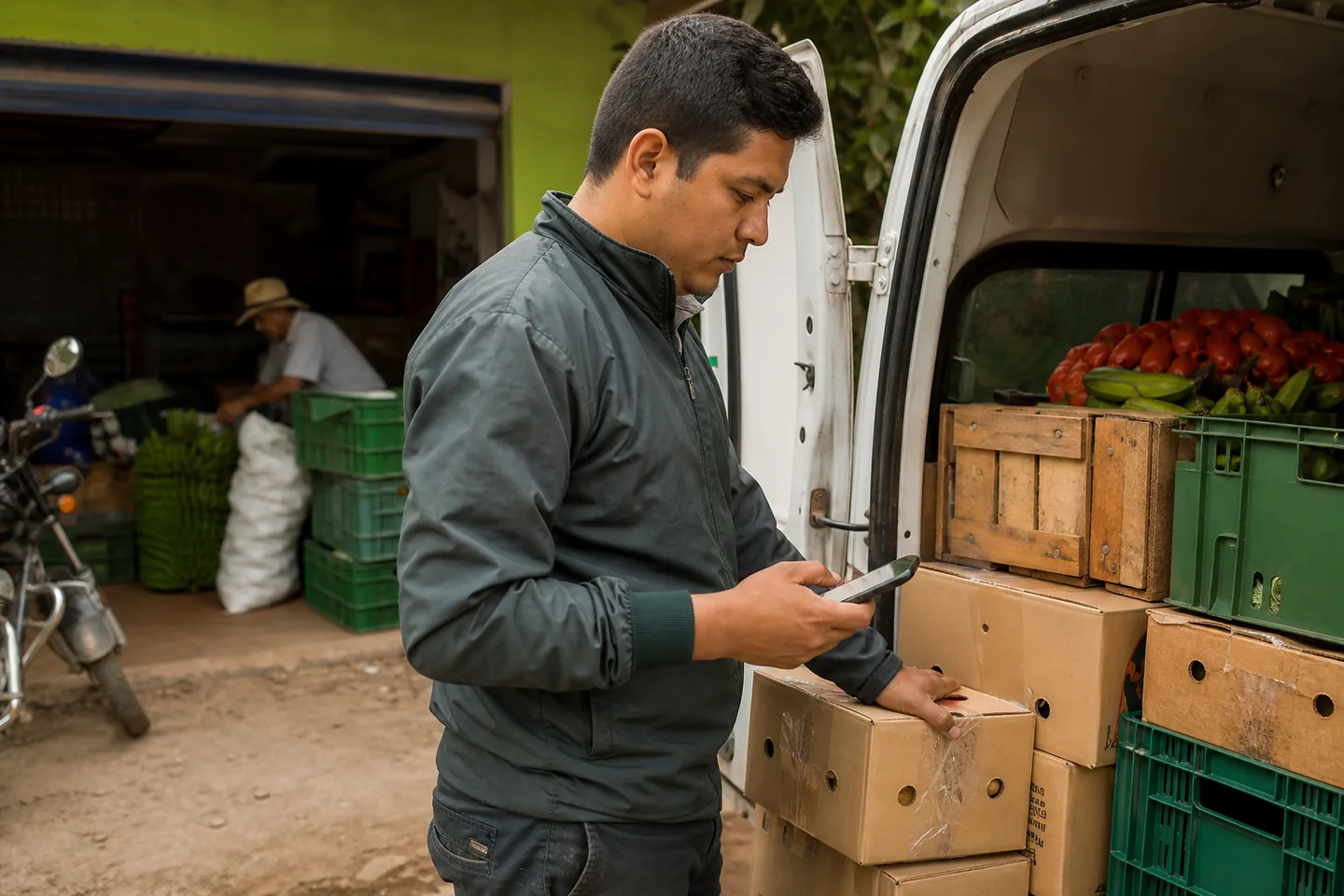 Entrega local con cajas y una persona revisando ubicación desde un celular.